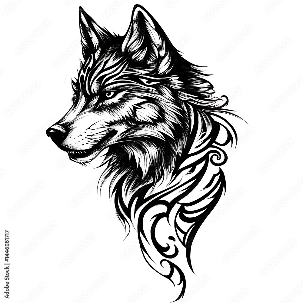 Naklejka premium Artistic black ink tribal wolf tattoo on a white background.