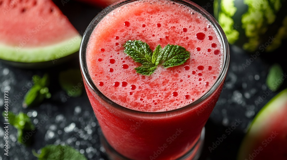 Refreshing watermelon smoothie decorated with fresh mint leaves