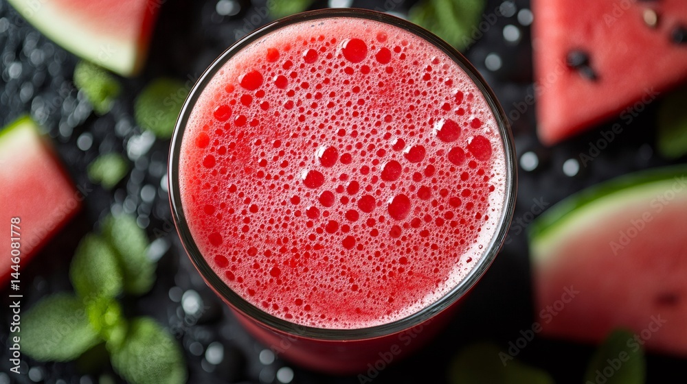 Refreshing watermelon juice with slices of watermelon and mint leaves