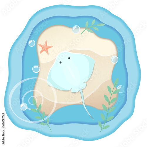 A cute cartoon ray resting on the sandy seabed, surrounded by water, plants, and bubbles. Vector features a top-down view of an underwater scene, designed in soft pastel colors and minimalistic style.