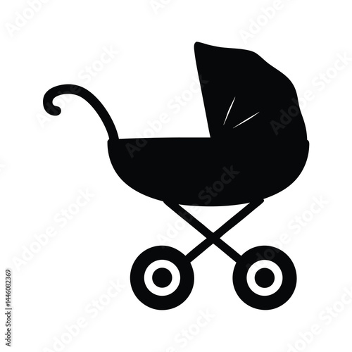 Minimalist black silhouette of a baby carriage with a classic design