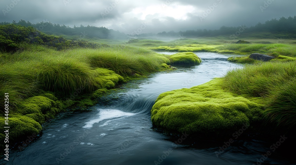 Fog entering the valley with river flowing through moss and grass