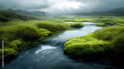 Obraz na płótnie Fog entering the valley with river flowing through moss and grass w salonie