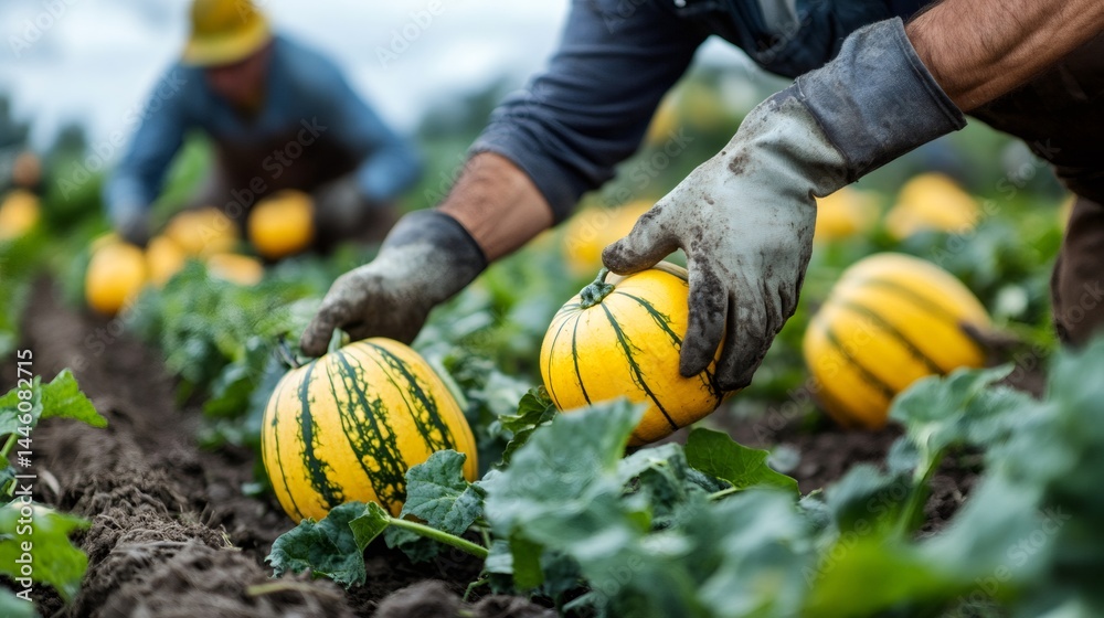 Farmer harvesting yellow delicata squash in field