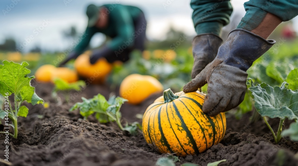 Farmer harvesting yellow delicata squash in autumn field