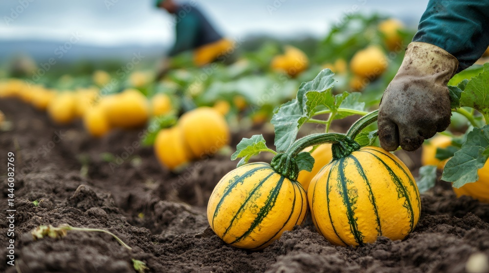 Farmer harvesting yellow delicata squash in a field