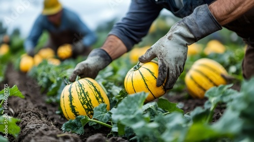Obraz na płótnie Farmer harvesting yellow delicata squash in field w salonie