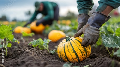 Obraz na płótnie Farmer harvesting yellow delicata squash in autumn field w salonie