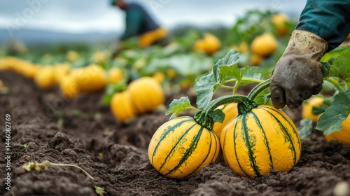 Obraz na płótnie Farmer harvesting yellow delicata squash in a field w salonie