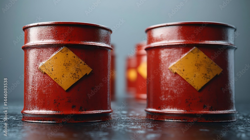 Red barrels containing hazardous materials resting on floor