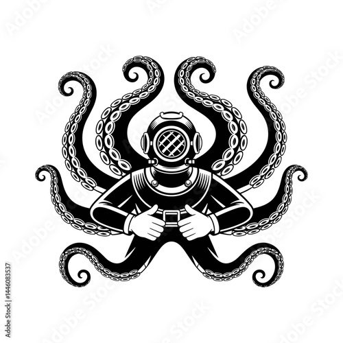 Oceanic Fusion: A vintage diver embodies an octopus, merging human and marine elements in a striking illustration, an eye-catching fusion of exploration and underwater life.
