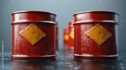 Red barrels containing hazardous materials resting on floor