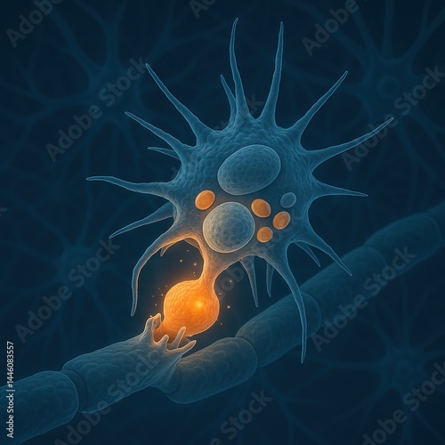 3D Illustration of Microglial Cell Engulfing Debris via Phagocytosis