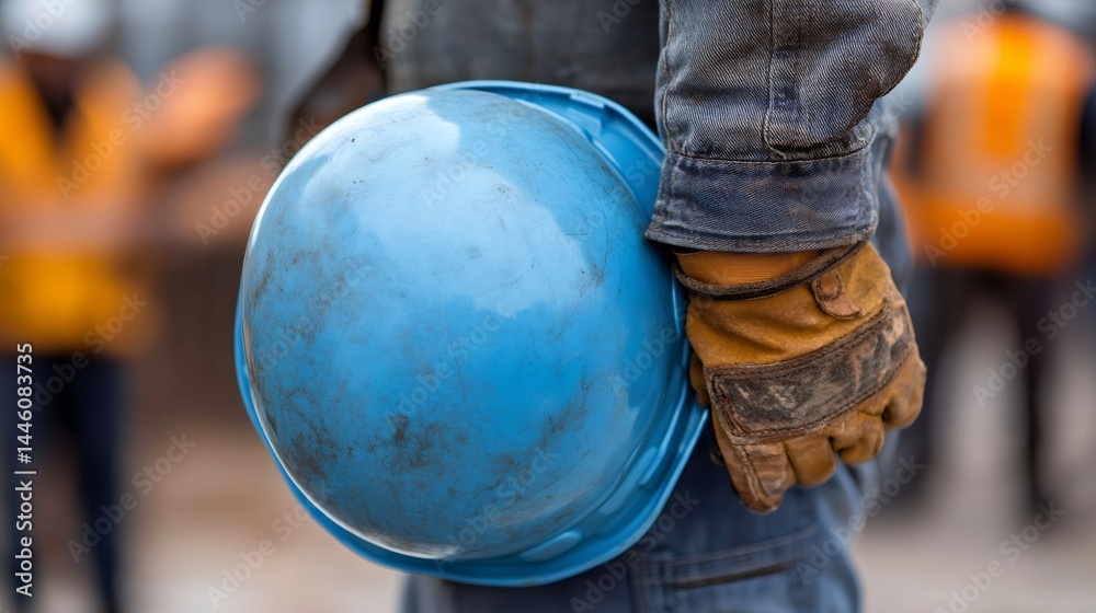 Construction worker holding blue hard hat and wearing work gloves