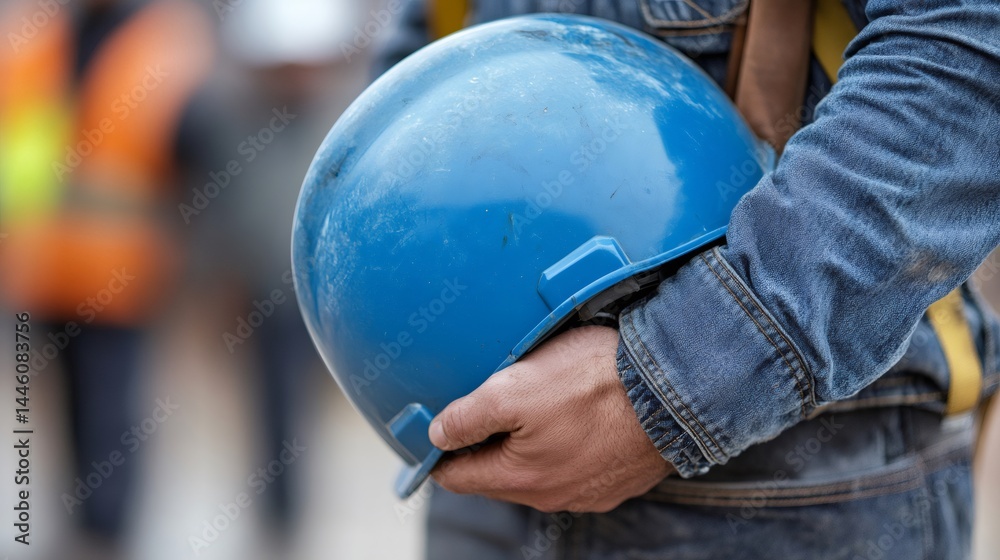 Construction worker holding blue hard hat on site