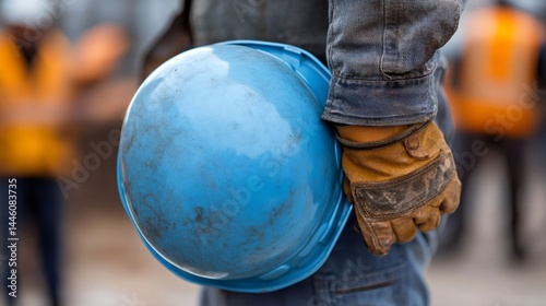 Obraz na płótnie Construction worker holding blue hard hat and wearing work gloves w salonie