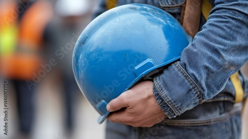 Obraz na płótnie Construction worker holding blue hard hat on site w salonie