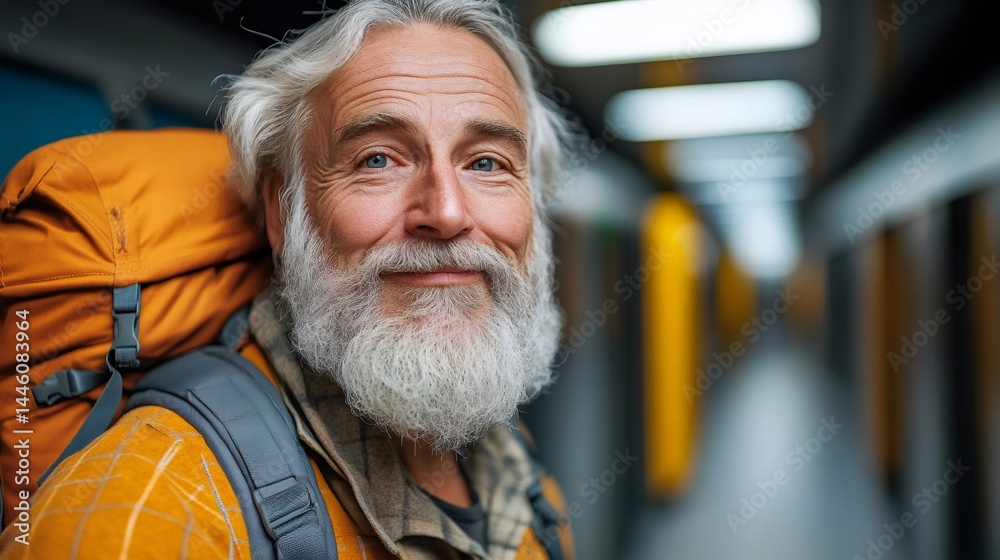 Senior backpacker smiling in hostel corridor, ready for adventure