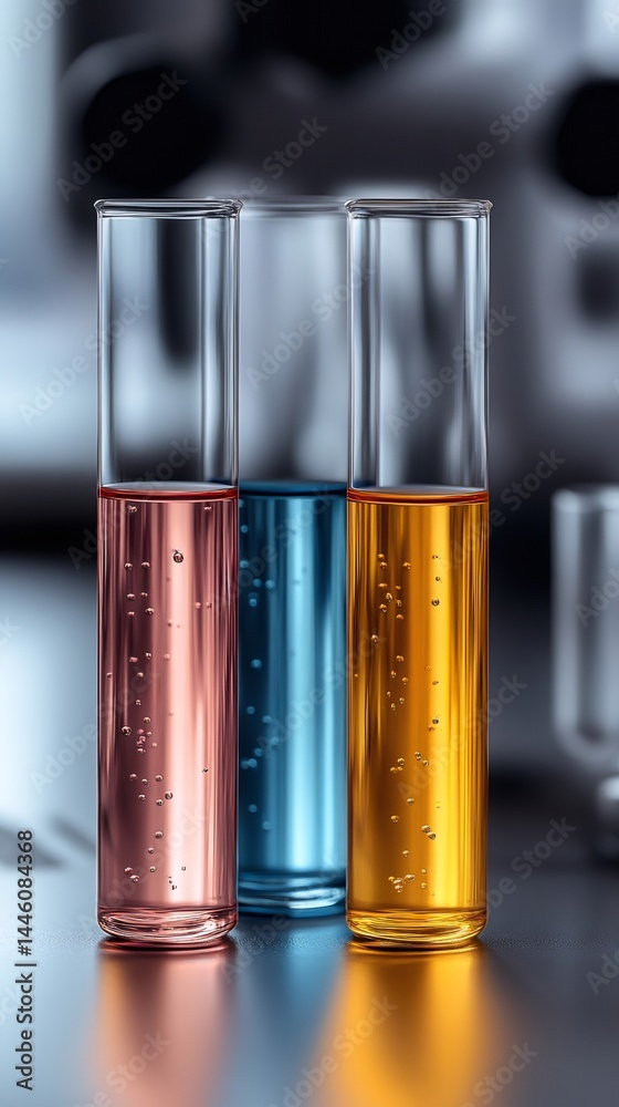 Test tubes containing colorful chemical liquids are standing on table in laboratory