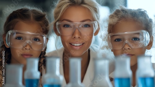 Kids and teacher observing chemical reaction in laboratory beakers