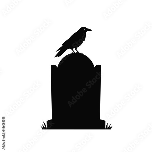 Black silhouette of raven perched on gravestone halloween symbolism illustration vector