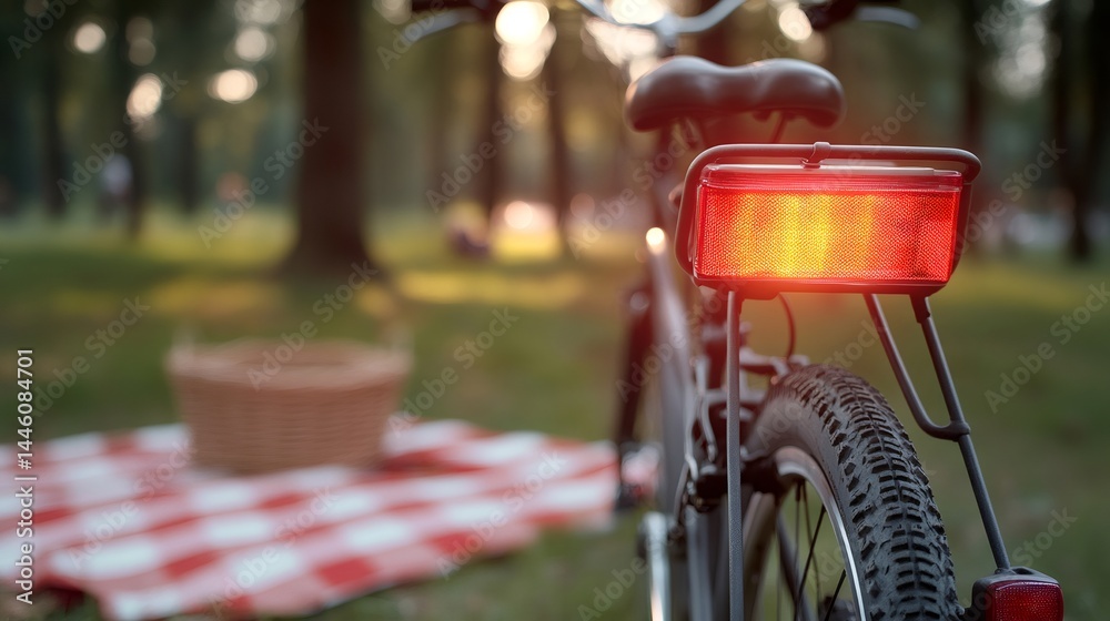 Bicycle with illuminated rear light near picnic blanket in park