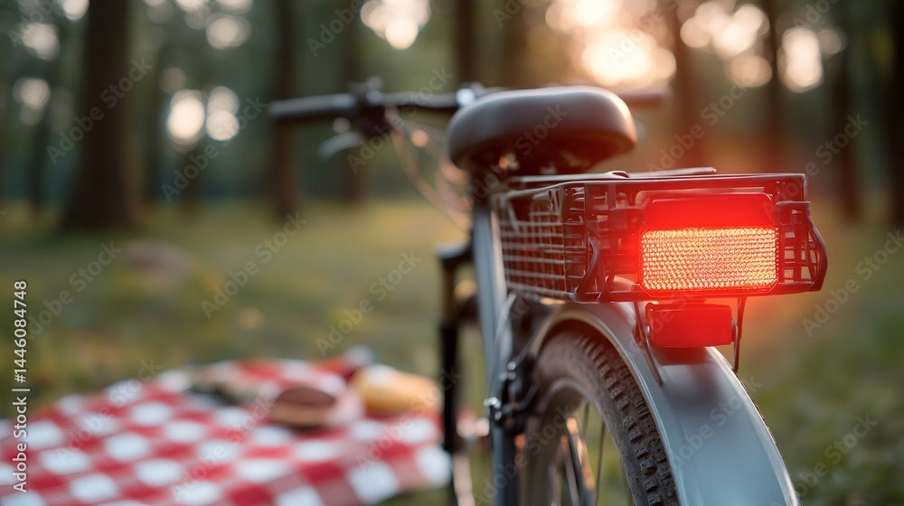 Bicycle with glowing rear light parked near picnic blanket in a forest at sunset