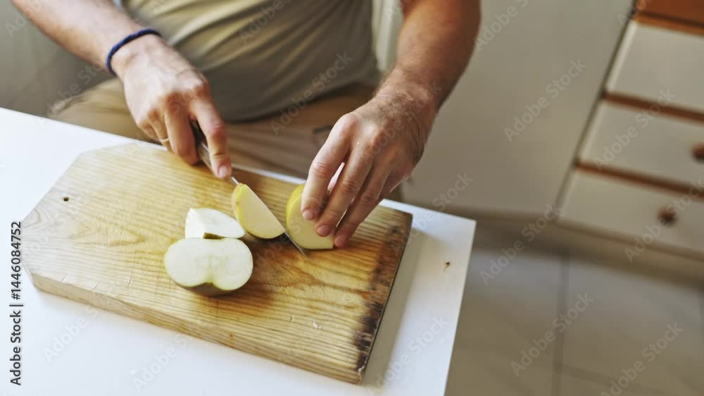 Man cutting green apple on wooden board