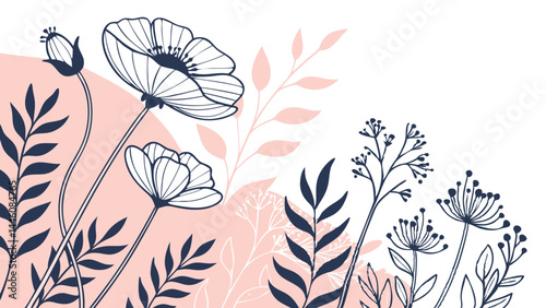 Elegant floral line art print blush pink and navy blue botanical design simple minimalist flowers and leaves