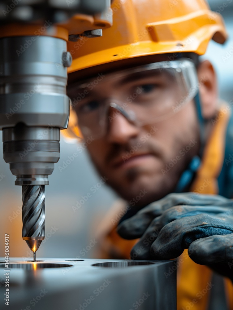 Industrial worker operating cnc machine, performing metalworking task with precision
