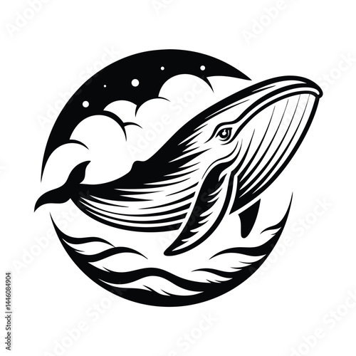 Monochrome Whale Silhouette, Aquatic Mammal, Black and White Ocean, Water Waves