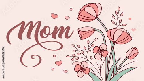 Elegant Mom floral card design with pink tulips delicate flowers and hearts soft blush background