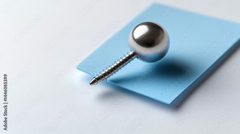 Metal sphere and screw resting on blue paper on white background