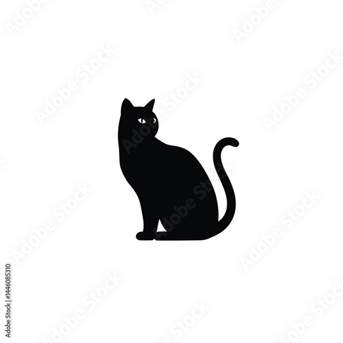 Elegant silhouette of a seated black cat with curved tail on white background