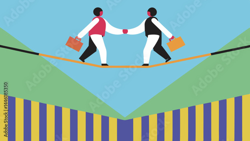 Two businessmen hand in hand navigate a tightrope symbolizing collaboration and risk management in a vibrant
