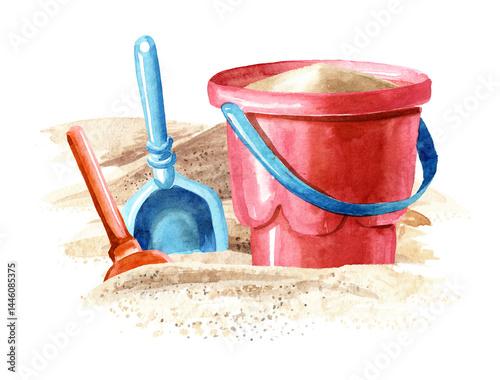 Children's beach toy on the sand,. Hand drawn watercolor illustration, isolated on white background