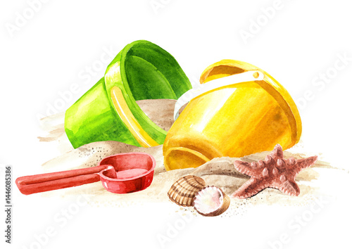 Children's beach buckets on the sand. Hand drawn watercolor illustration, isolated on white background