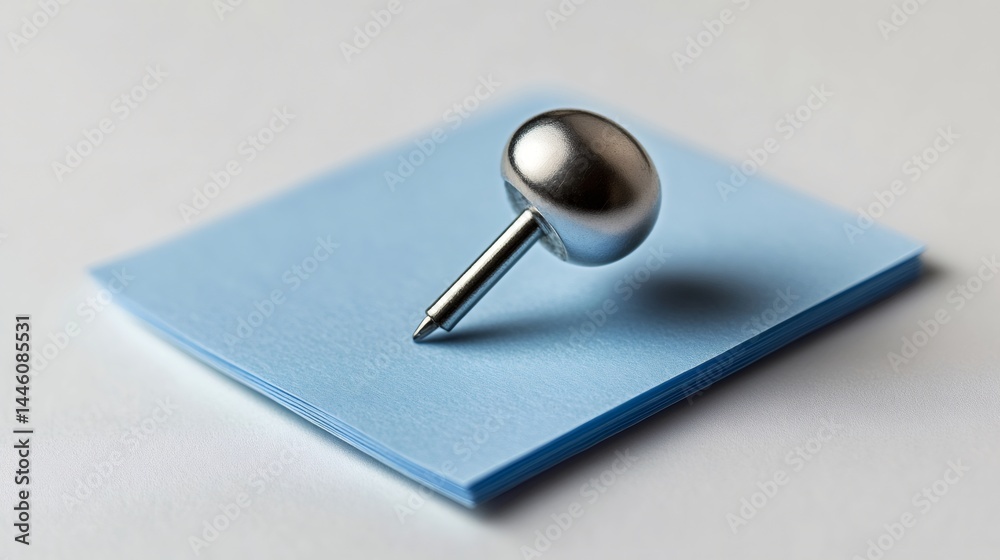 Metallic pin lying on a stack of blue sticky notes