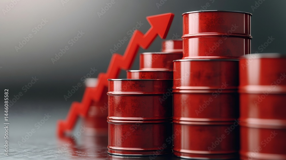 Red oil barrels forming an upward trend with a red arrow symbolizing price increase