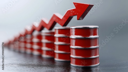 Obraz na płótnie Oil barrels forming a growing graph with upward arrow symbolizing price increase w salonie