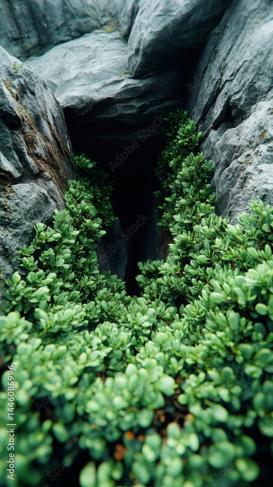Lush vegetation growing around a dark rocky crevice