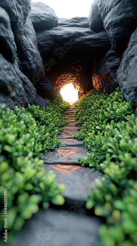 Stone path leading to a light at the end of a dark cave tunnel