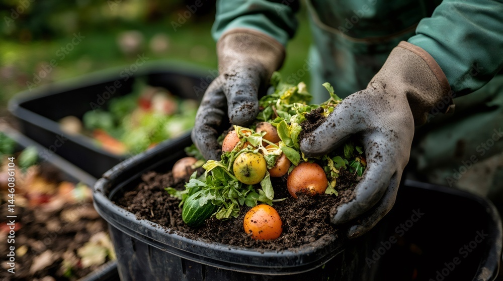Gardener composting rotten tomatoes and vegetables for a sustainable garden