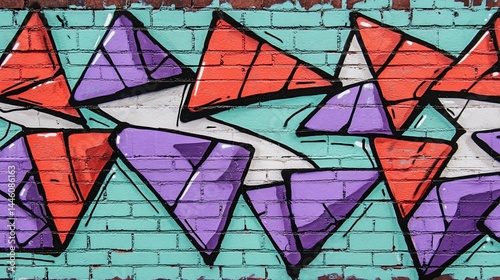 Vibrant, colorful graffiti art on a teal brick wall.  Geometric shapes, triangles, and bold colors create a dynamic street art design