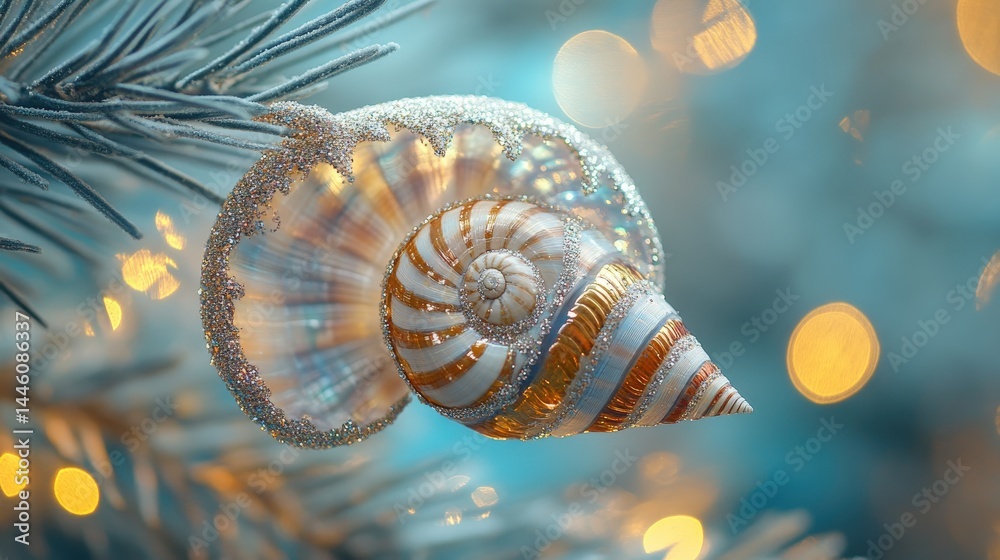 Ornate seashell ornament adorns a Christmas tree branch. Ornate seashell ornament adorns a Christmas tree branch.