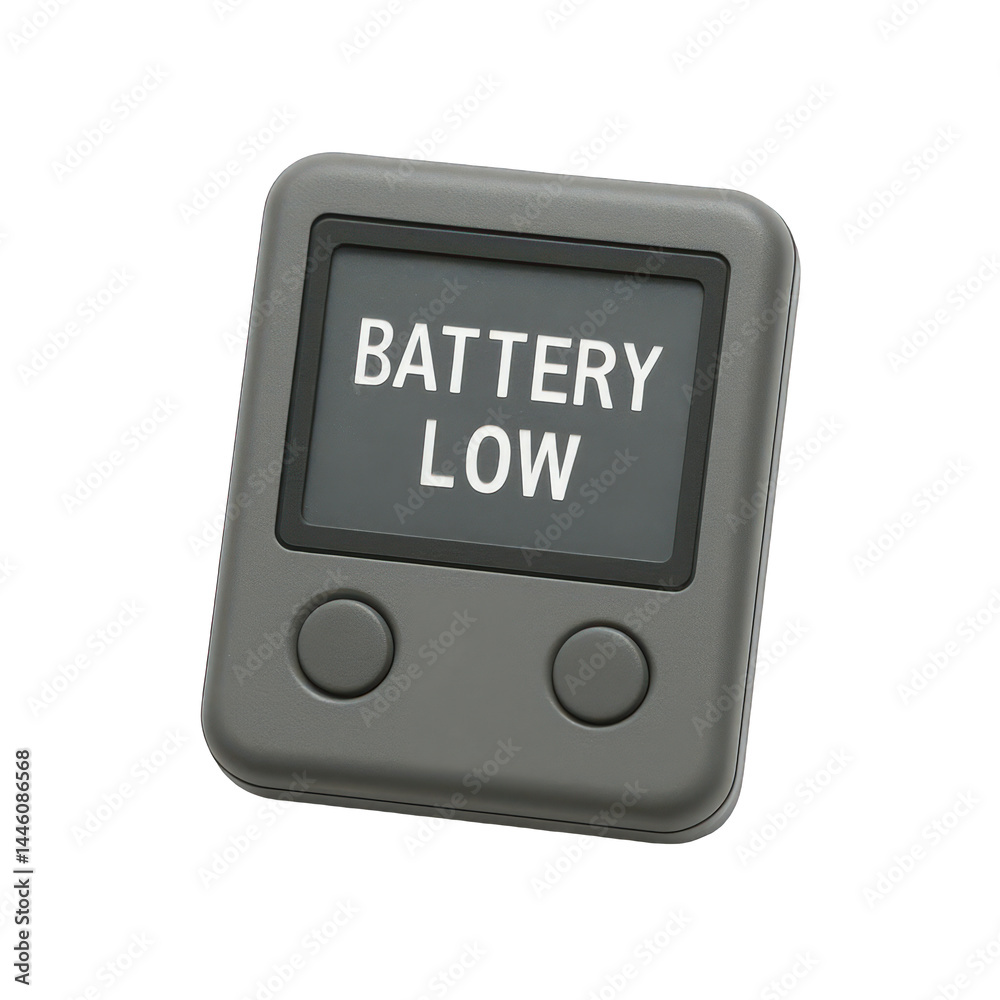Portable electronic gadget with a screen indicating a low battery power level, featuring two control buttons. Portable electronic gadget with a screen indicating a low battery power level, featuring two control buttons.