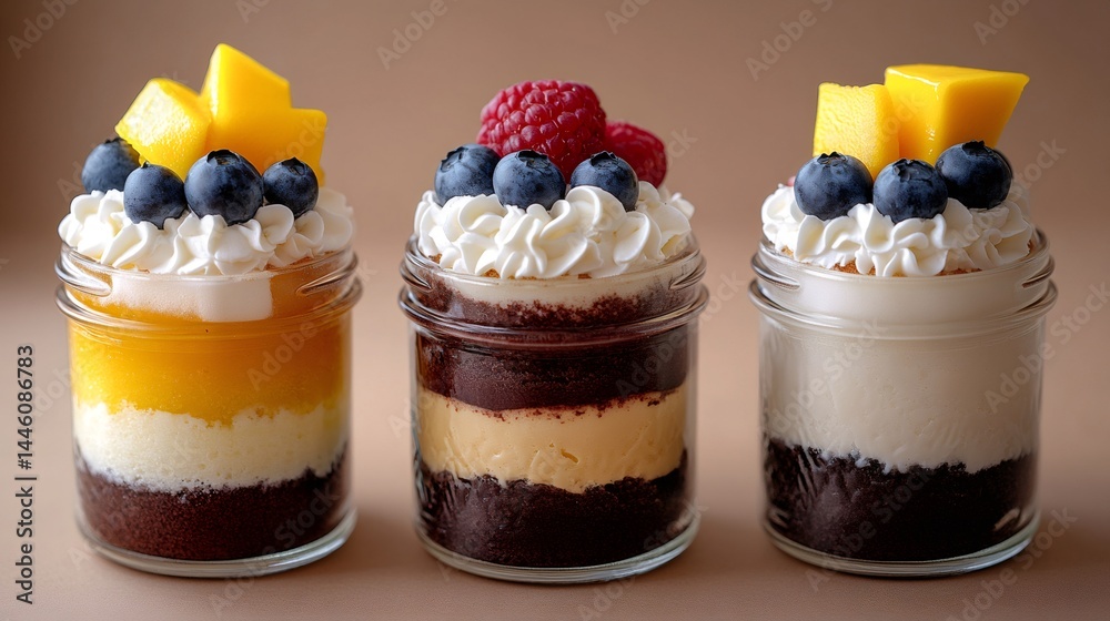 Delicious layered desserts with mango, raspberries and blueberries in glass jars