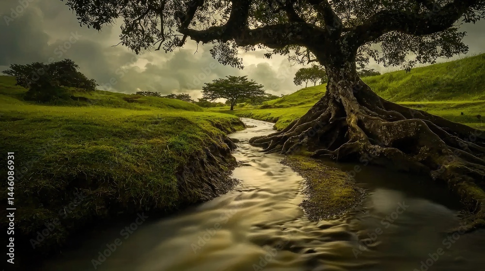 Lush landscape scene with a flowing stream and large tree roots. Lush landscape scene with a flowing stream and large tree roots.