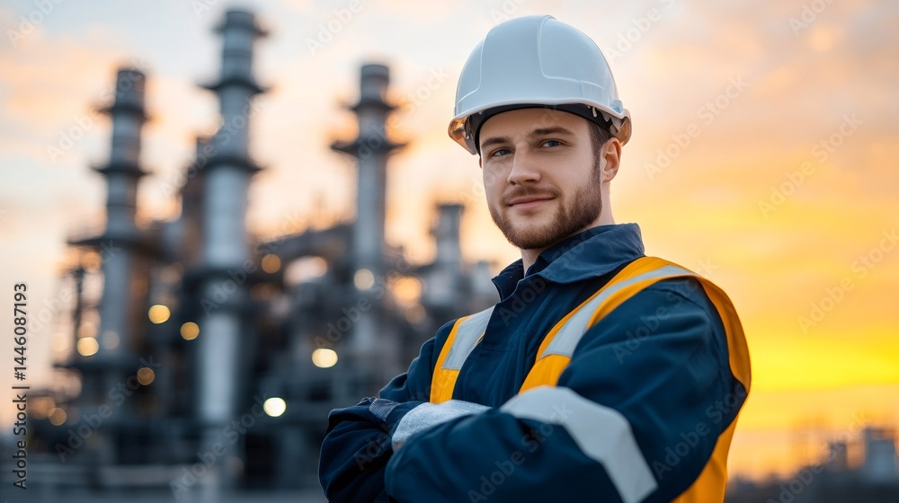 Engineer posing with crossed arms in a refinery at sunset