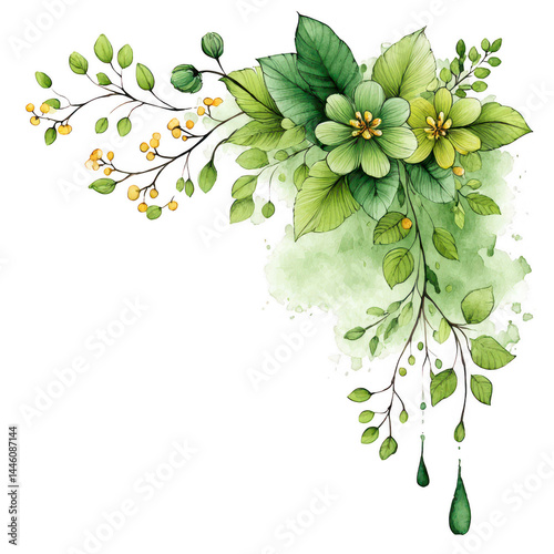Green floral watercolor decoration features leaves and small yellow buds.